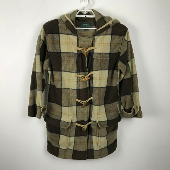 Lauren Ralph Lauren Plaid Hooded Duffle Coat Toggle Brown Beige Womens Size M